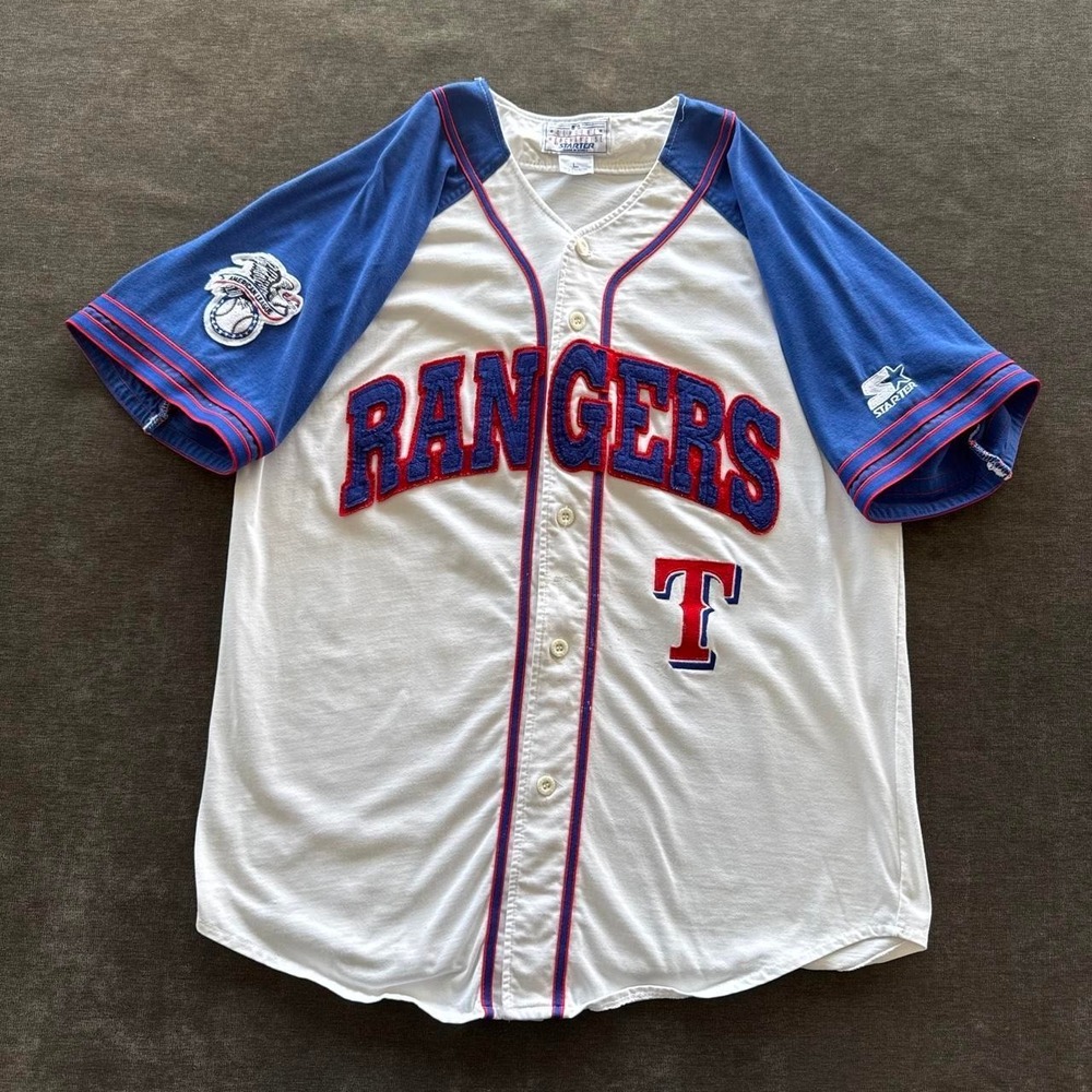 Vintage Starter Texas Rangers MLB Baseball Jersey White Blue L Large Spellout
